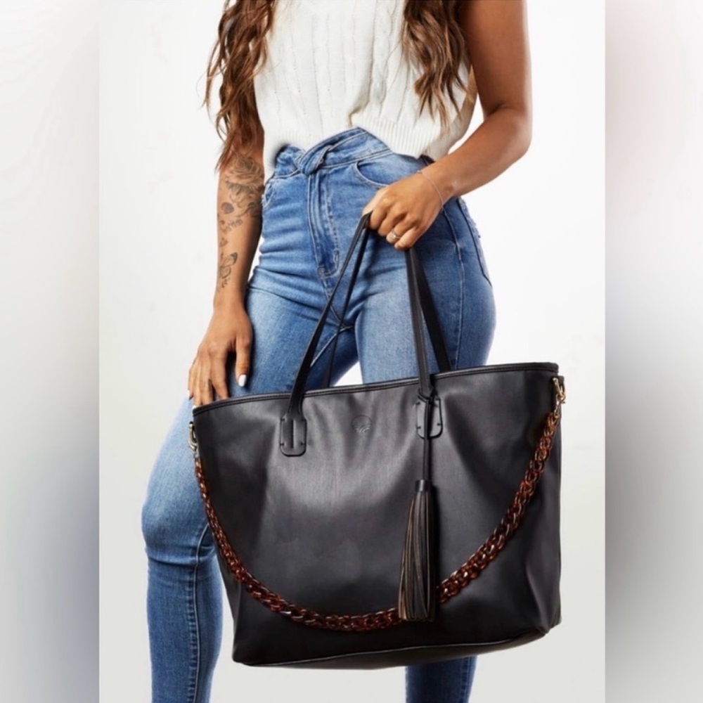 TUSHBABY Tote Diaper Bag - Black Faux Leather Large
